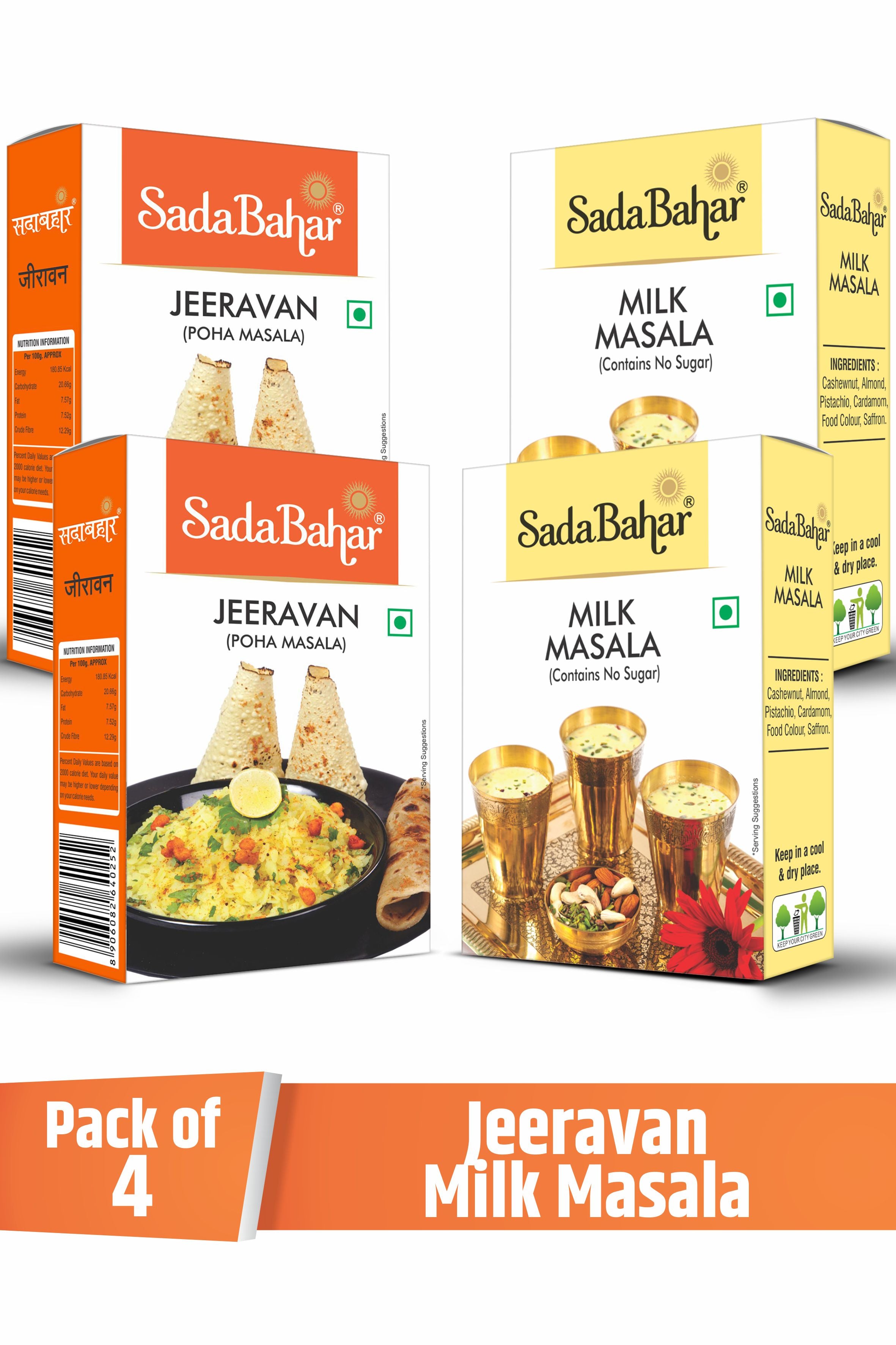 Sadabahar Jeeravan Powder-Indori Poha Masala (100g x 2) and Sadabahar Milk Masala (50g x 2) | Pack of 4 | 300 Grams