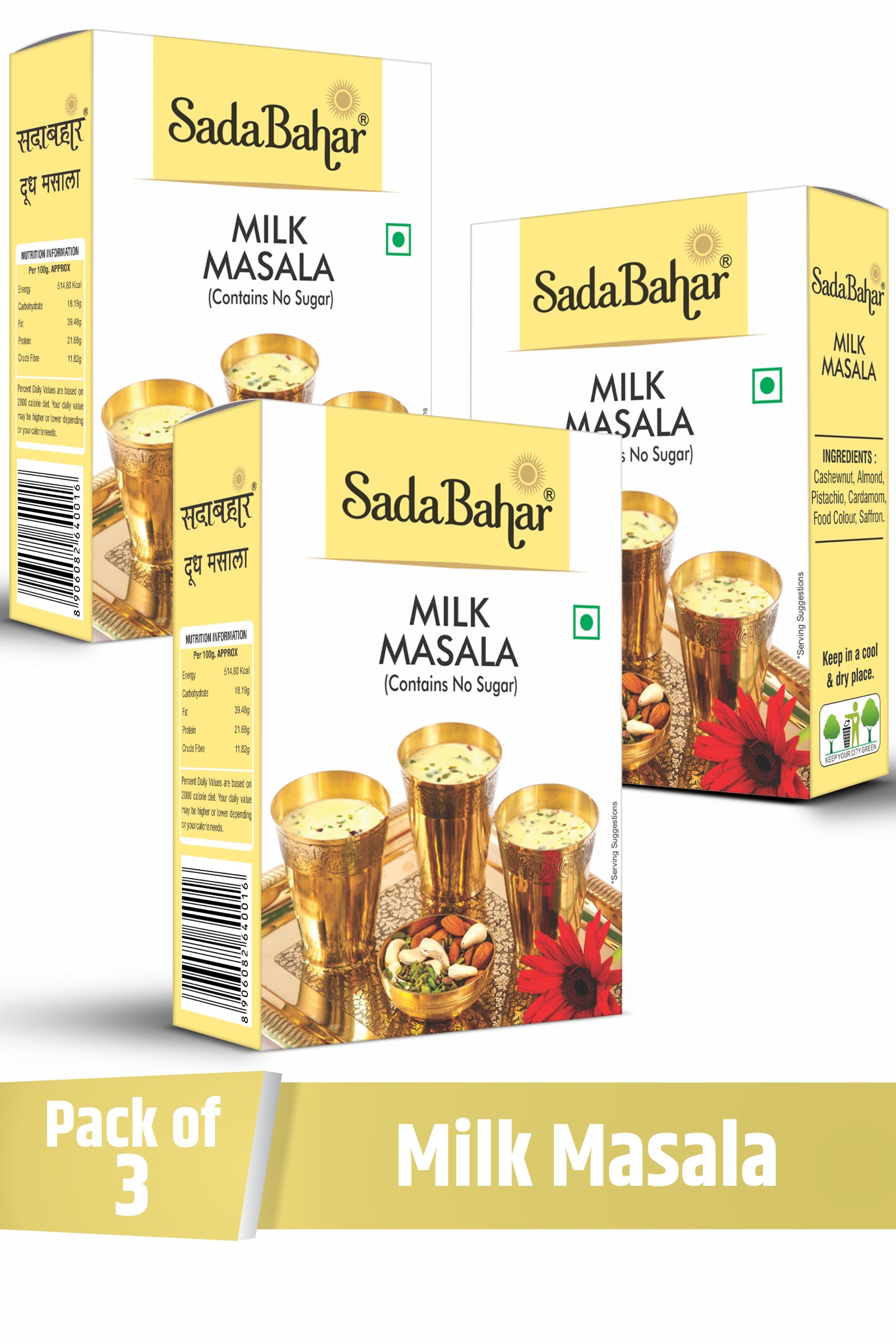 Sadabahar Masale Milk Masala Powder Enriched with Premium Dry Fruits and Kesar | Doodh Masala | Pack of 3 | 250 Grams Each