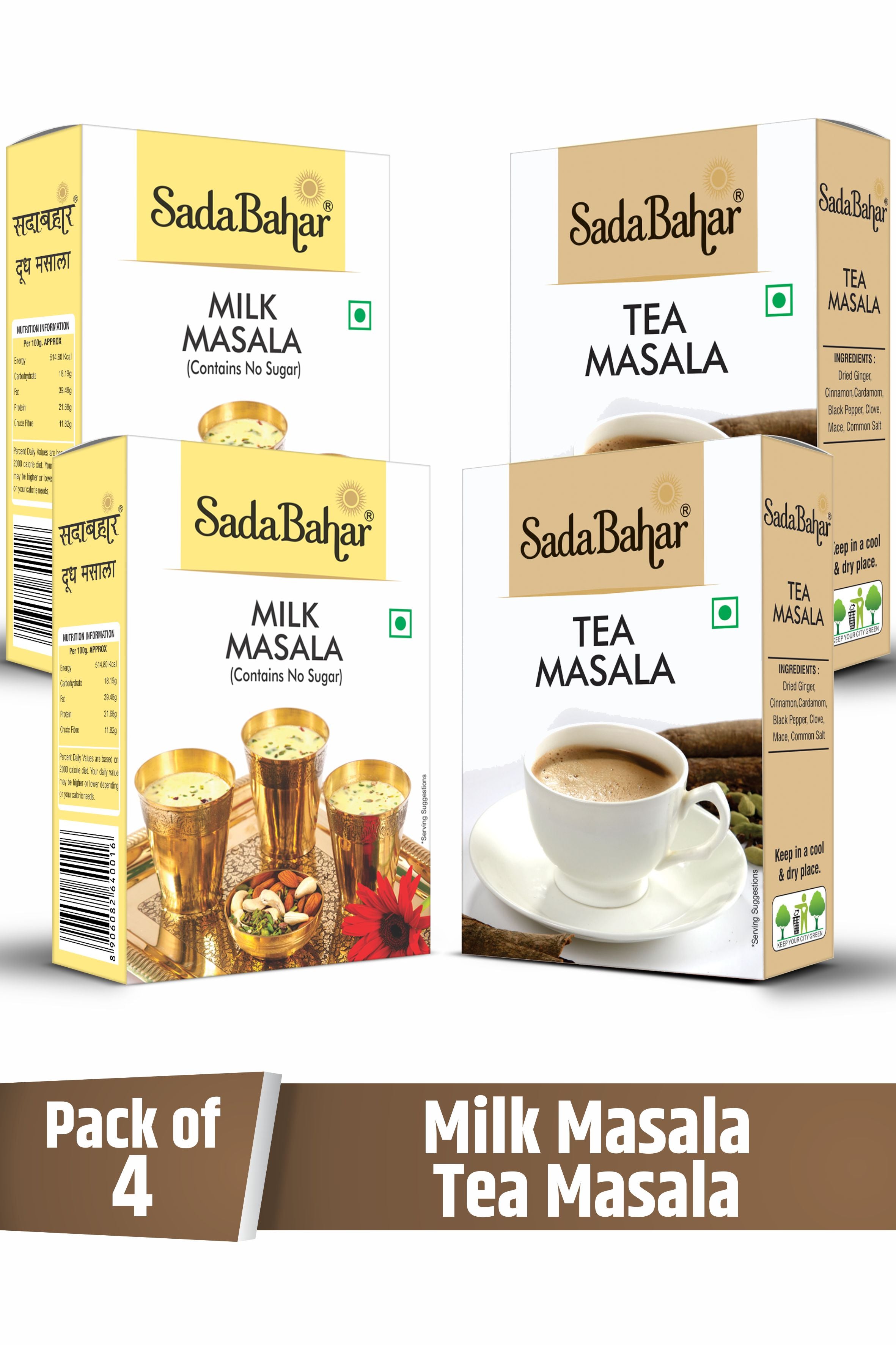 Sadabahar Milk Masala with Dry Fruits and Kesar (50g*2) and Sadabahar Tea Masala (Chai Masala) (50g*2) | Pack of 4 | 50 g Each