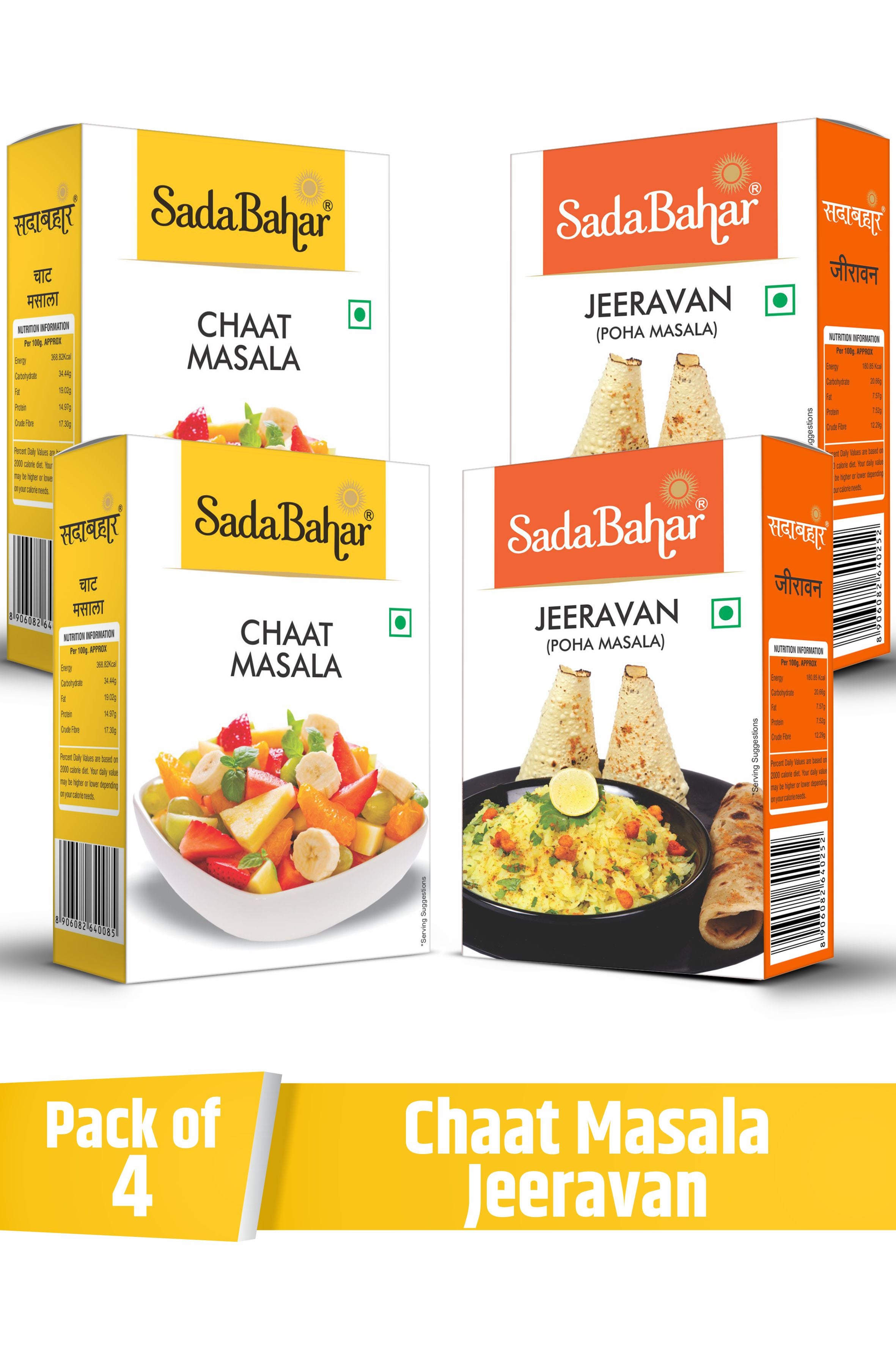 Sadabahar Masale | Jeeravan Powder-Indori Poha Masala and Chaat Masala (100g x 2, 50g x 2 = 300 Grams) - Pack of 4