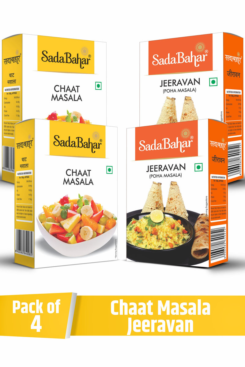 Sadabahar Masale | Jeeravan Powder-Indori Poha Masala and Chaat Masala (100g x 2, 50g x 2 = 300 Grams) - Pack of 4