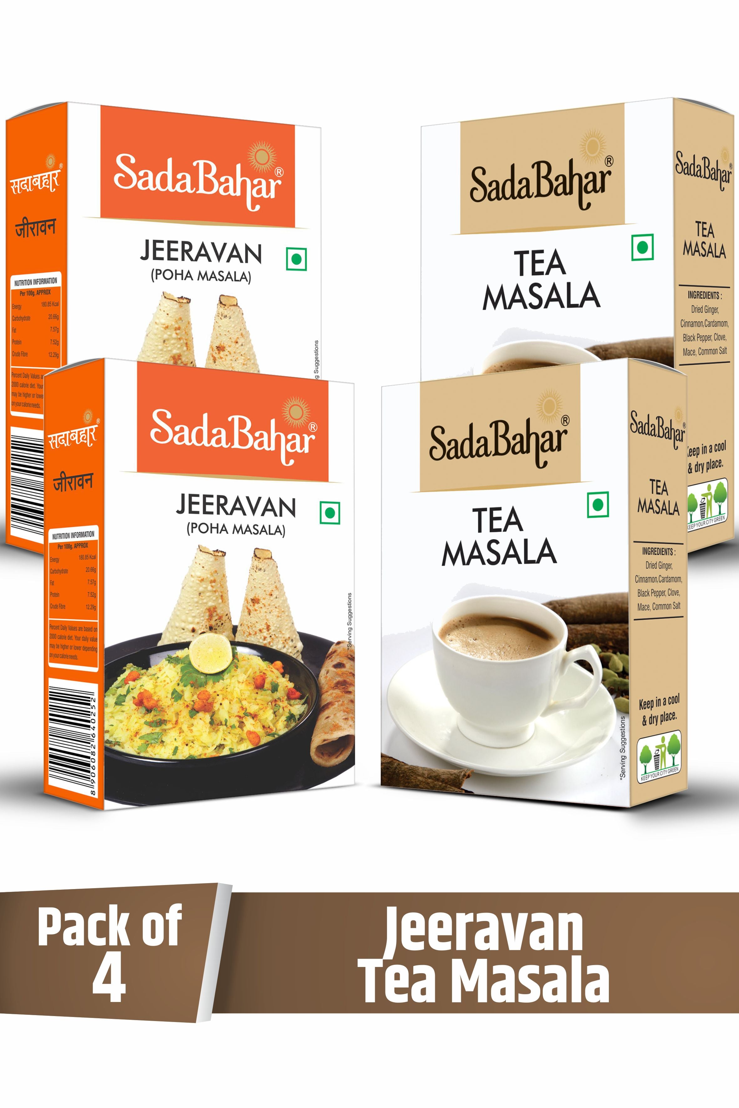 Sadabahar Jeeravan Powder-Indori Poha Masala (100g *2) and Sadabahar Tea (Chai) Masala (50g*2) | Pack of 4 | 300 Grams