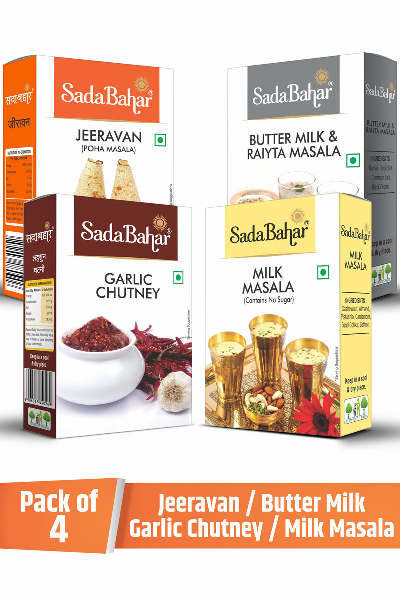 Sadabahar Milk Masala with Dry Fruits and Kesar | Jeeravan Powder -Indori Poha Masala | Garlic Chutney | Butter Milk Masala | 100 Grams Each